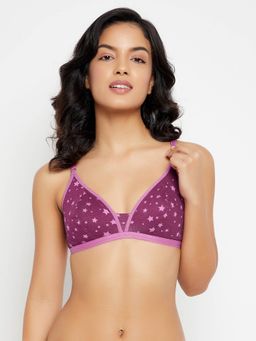 Clovia - Non-Padded Non-Wired Demi Cup Star Print Plunge Bra in Purple - Cotton