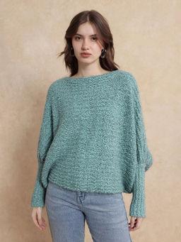 RAREISM - Teal Self Design Oversized Fit Sweater