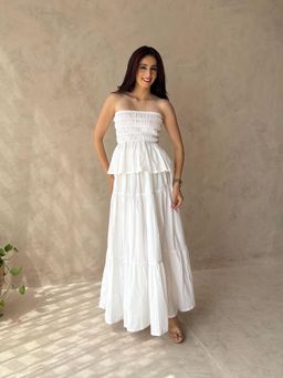 PR Label - Women's White Cotton Padded Bandeau Tube Top and Skirt