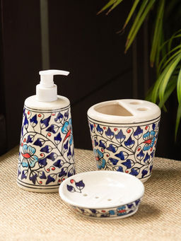 ExclusiveLane - Floral Feels Hand-painted Bathroom Accessory Set In Ceramic