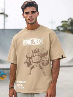 Bewakoof - One Piece Franky Mens Ginger Root Beige Graphic Printed Oversized T-Shirt