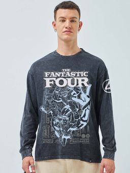 Bewakoof - Marvel Fantastic Four Mens Graphic Printed Oversized Acid Wash Black T-shirt