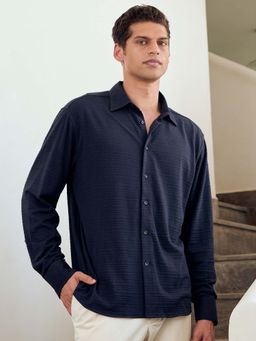 Andamen - Men Textured Cotton Modal Relaxed Fit Shirt-Navy Blue