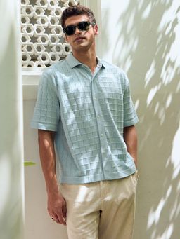 Andamen - Men Textured Cotton Relaxed Fit Shirt-Blue