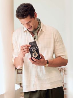 Andamen - Men Textured Cotton Relaxed Fit Shirt-Off White