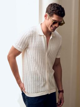 Andamen - Men Textured Cotton Regular Fit Shirt-Off White