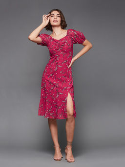 Miss Chase - Women Dark Pink Floral Fit & Flare Midi Dress