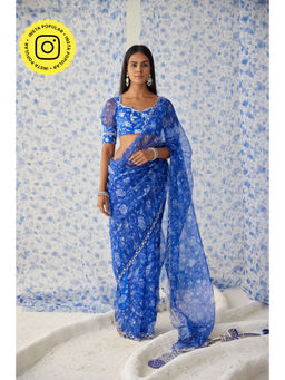Baise Gaba - Blue Darpan Organza Saree with Unstitched