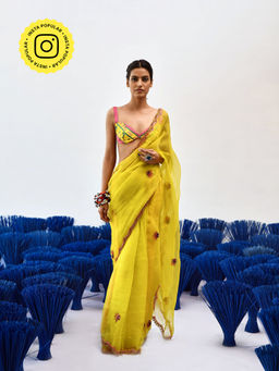 Baise Gaba - Chanchal Yellow Organza Saree with Unstitched Blouse