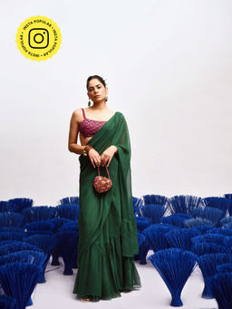 Baise Gaba - Rani Green Ruffled Saree with Unstitched Blouse