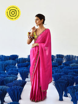 Baise Gaba - Banno Pink Saree with Stitched Blouse