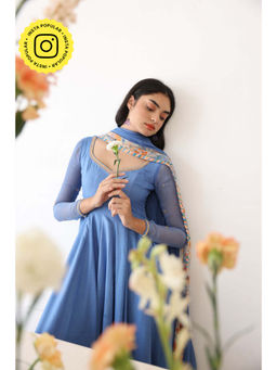 Baise Gaba - Blue Floral Printed Lagoon Dupatta