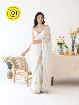Baise Gaba - Ode White Printed Saree with Stitched Blouse