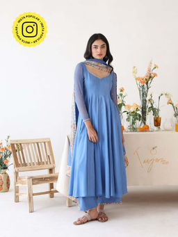 Baise Gaba - Blue Lagoon Embroidered Neck Anarkali Kurta with Pant & Dupatta (Set of 3)