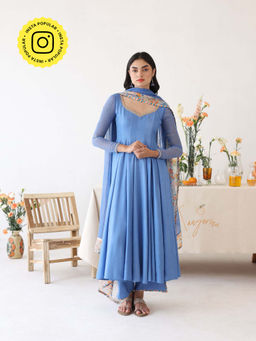 Baise Gaba - Blue Lagoon Embroidered Neck Anarkali Kurta
