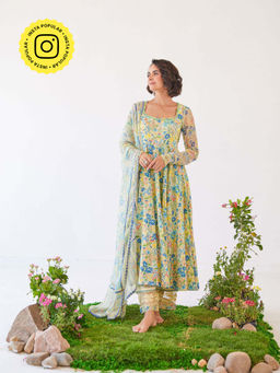 Baise Gaba - Yellow Floral Printed Gloria Anarkali Kurta with Pant & Dupatta (Set of 3)