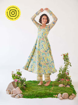 Baise Gaba - Yellow Floral Printed Gloria Anarkali Kurta