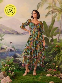 Baise Gaba - Green Aanya Embroidery Floral Printed Midi Dress