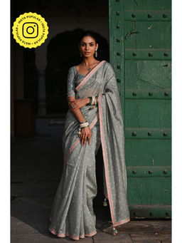 Baise Gaba - Sunehri Grey Printed Gota Saree with Stitched Blouse