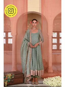 Baise Gaba - Green Moti Mahal Printed Anarkali Kurta with Pant and Dupatta (Set of 3)