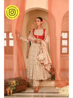 Baise Gaba - Beige Floral Printed Anarkali Kurta Pant with Koti and Dupatta (Set of 4)