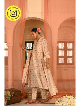 Baise Gaba - Beige Jalmahal Floral Printed Anarkali Kurta with Pant and Dupatta (Set of 3)