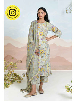 Baise Gaba - Floret Grey Kurta with Pant and Dupatta (Set of 3)