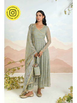 Baise Gaba - Gardenia Green Anarkali Kurta with Pant and Dupatta (Set of 3)