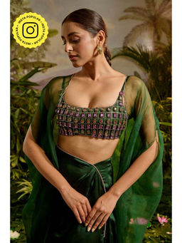 Baise Gaba - Green Satin Embellished/Sequined Square Neck Sleeveless Blouse