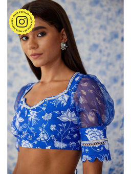 Baise Gaba - Blue Organza Floral Round Neck Puff Sleeves Blouse