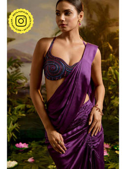 Baise Gaba - Purple Satin Embroidered Halter Neck Sleeveless Blouse