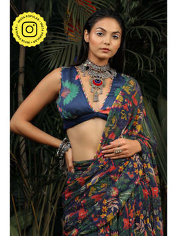 Baise Gaba - Blue Satin Floral Plunging Neck Sleeveless Blouse