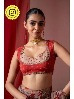 Baise Gaba - Red Muslin Printed Sweetheart Sleeveless Blouse