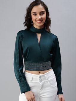 SHOWOFF - Women's Embellished Cinched Waist Green Choker Neck Crop Top