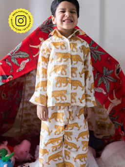 House of Ekam - White and Yellow Tiger Night Suit (Set of 2)