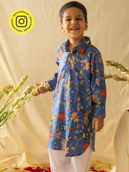 House of Ekam - Blue Floral Pathani Kurta & Pyjama (Set of 2)