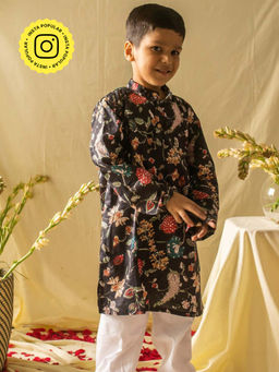 House of Ekam - Black Floral Kurta & Pyjama (Set of 2)
