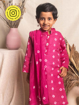 House of Ekam - Pink Bandhani Kurta, Pyjama with Dupatta (Set of 3)