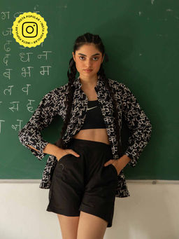 House of Ekam - Back To School Black Typography Shorts Set (Set of 2)