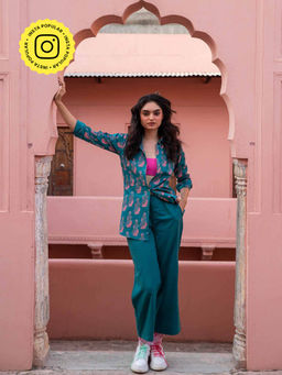 House of Ekam - Teal Jeeja Printed Co-Ord (Set of 2)