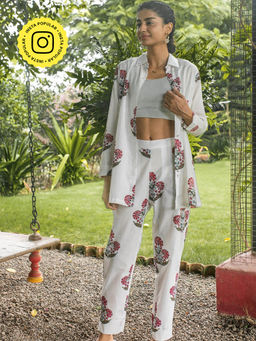 House of Ekam - Afreen White Poppy Printed Co-Ord (Set of 2)