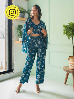 House of Ekam - Blue Tropical Tango Floral Printed Co-Ord (Set of 3)