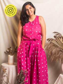 House of Ekam - Pink Bandhani Jumpsuit with Belt (set of 2)