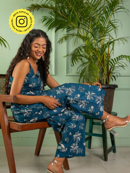 House of Ekam - Blue Tropical Tango Cotton Jumpsuit