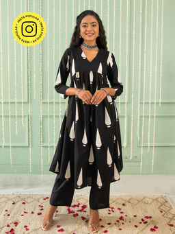 House of Ekam - Inaara Black Block Printed Anarkali Kurta with Pant (Set of 2)