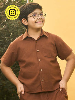 House of Ekam - Boys Brown Cotton Shirt