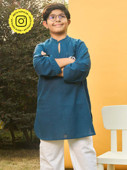 House of Ekam - Boys Navy Blue Cotton Kurta