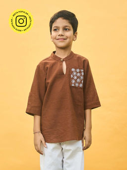 House of Ekam - Boys Brown Cotton Kurta