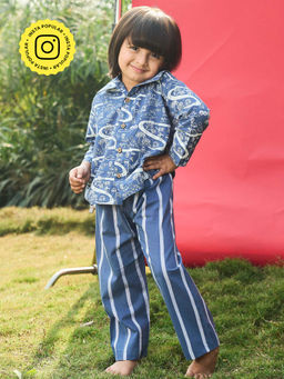 House of Ekam - Unisex Blue Cotton Top with Pyjama (Set of 2)