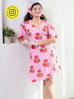 House of Ekam - Pink Strawberry Stripe Screen Printed Cotton Dress